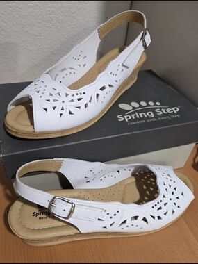 Spring Step White Laser-Cut Slingback Wedge Sandals